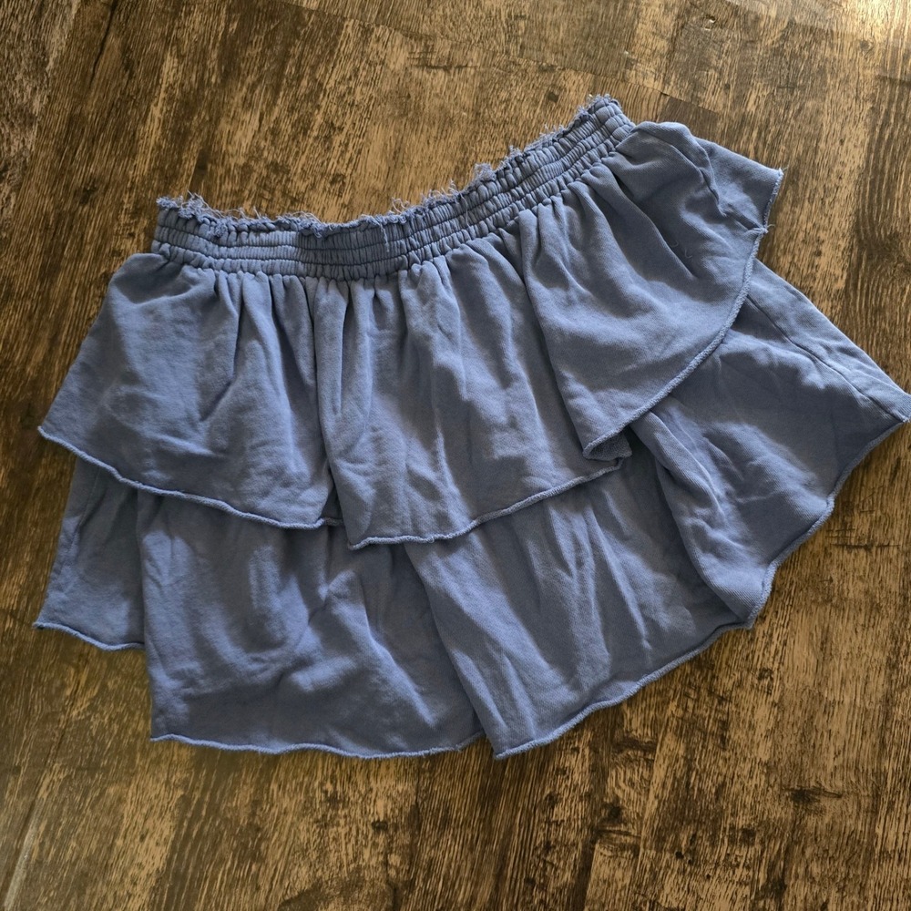 AERIE Tiered Ruffle Mini Skirt Womens XXL Blue Excellent Smocked Waist Frayed